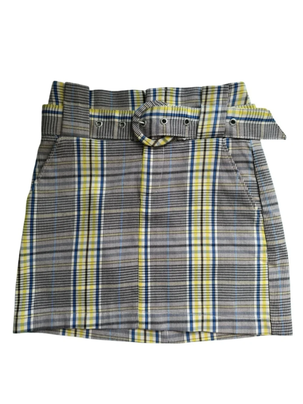 Bershka Plaid Belted Mini Skirt in Yellow and Gray Size XS Y2K Preppy Clueless